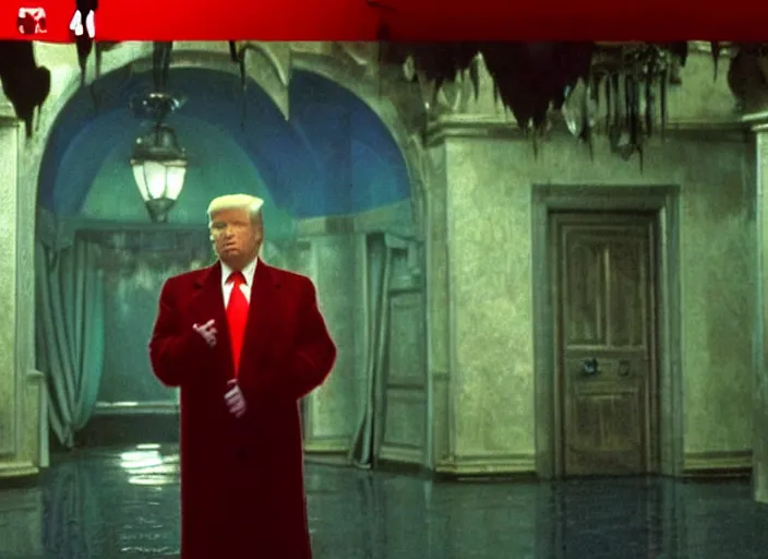 Prompt: screenshot from moody colorful scene of Donald Trump in a lair, scene from the film Batman and Robin 1997 film directed by Joel Schumacher, kodak film stock, anamorphic lens, 4K, crazy set design, wild lighting design, detail, stunning cinematography