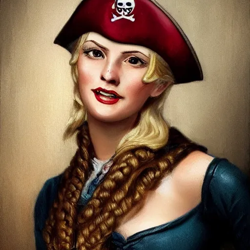 Prompt: laughing, teasing, beautiful, intelligent, blonde female pirate captain 2 8 years old, 1 9 3 0 s haircut, fully clothed, wise, beautiful, 1 7 5 0 s oil painting, dramatic lighting, trending on artstation, sharp focus