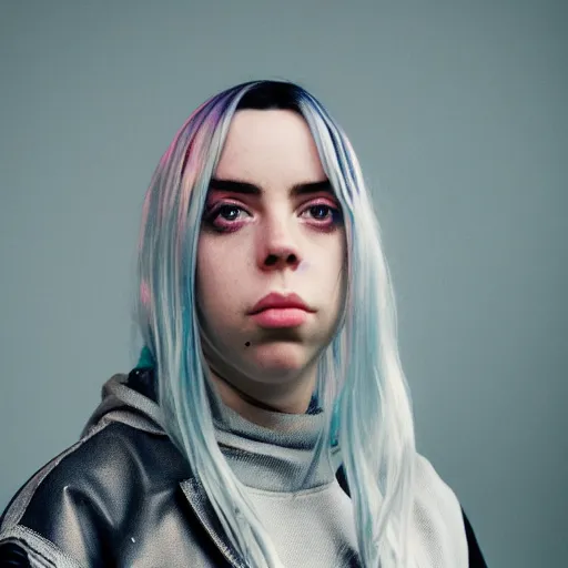 Image similar to Billie Eilish with fish eyes, XF IQ4, f/1.4, ISO 200, 1/160s, 8K, Sense of Depth, color and contrast corrected, Nvidia AI, Dolby Vision, symmetrical balance, in-frame