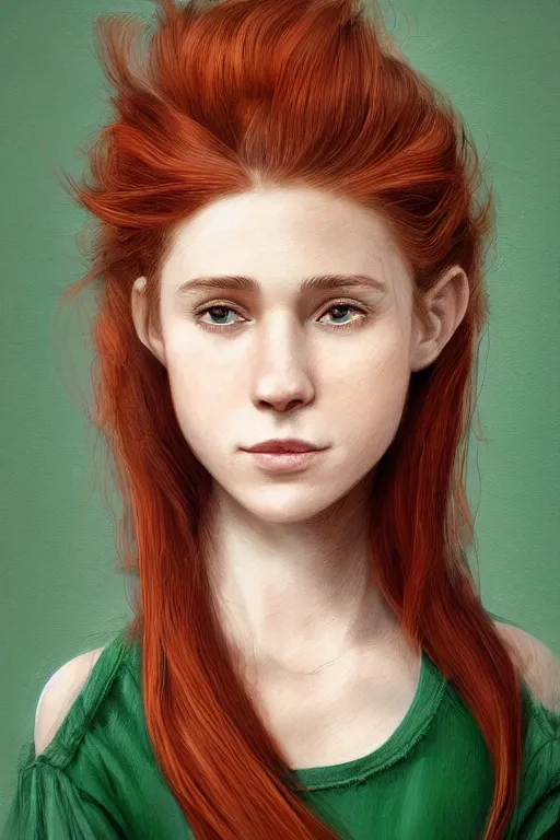 Image similar to ultra realistic style illustration of a beautiful cute red haired playful joyful teen girl in a green dress, long hair, face of young kate mara, sci - fi, intricate, elegant, digital painting, artstation, concept art, smooth, sharp focus, illustration, 8 k frostbite 3 engine, ultra detailed, art by artgerm and greg rutkowski and magali villeneuve