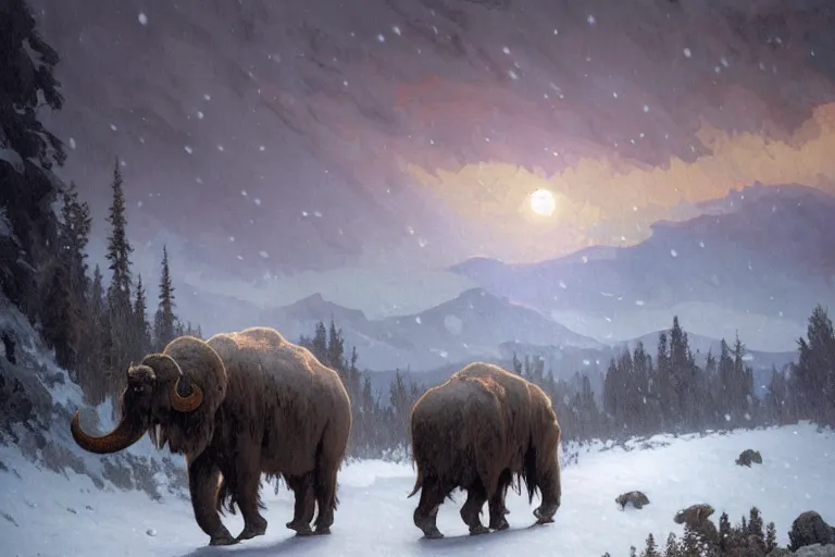 Image similar to a mammoth walking in a terrible snowstorm, luminous sky, by greg rutkowski and alphonse mucha, gradient brown to white, rocky mountains background, highly detailed landscape, digital painting, artstation, concept art, smooth, sharp focus illustration