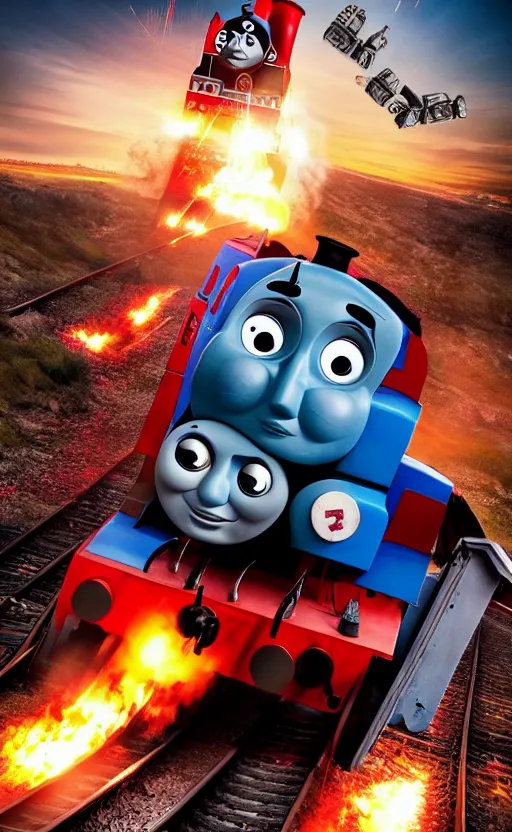 Image similar to thomas the tank engine vs. optimus prime : big revenge : coming soon to theaters, epic cinematic poster, post - apocalypse, demolition, dark, dramatic, real life, realistic, photo, photorealistic, detailed, high quality, high resolution, 8 k, hdr, 4 k