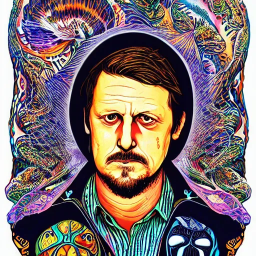 Image similar to sturgill simpson, portrait, by alex gray, dmt background, hallucinogenic, turtles all the way down