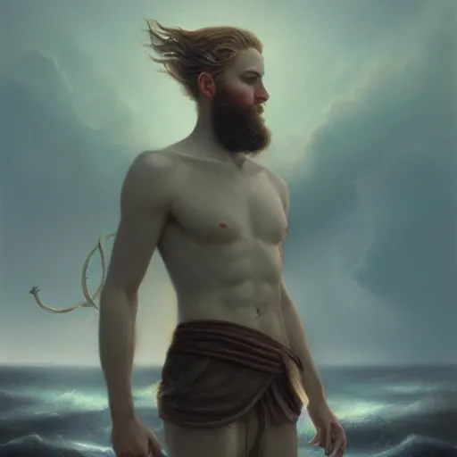 Prompt: njord viking god of wealth, swedish man, elegant, background of ocean, tom bagshaw