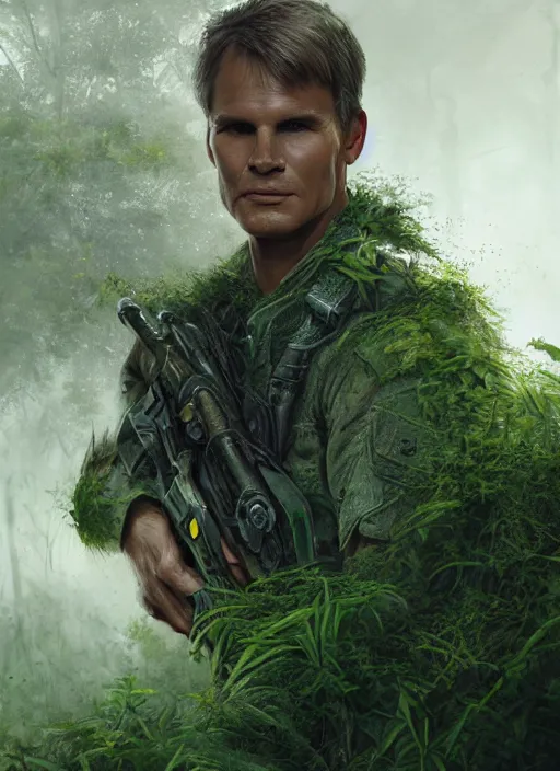 Image similar to portrait of a young richard dean anderson wearing a green combat uniform, in a post apocalyptic rio de janeiro overgrown with plants, by wlop, luis royo and greg rutkowski, cover illustration, concept art, volumetric lighting, volumetric atmosphere, sharp focus, octane render, trending on artstation, 8 k