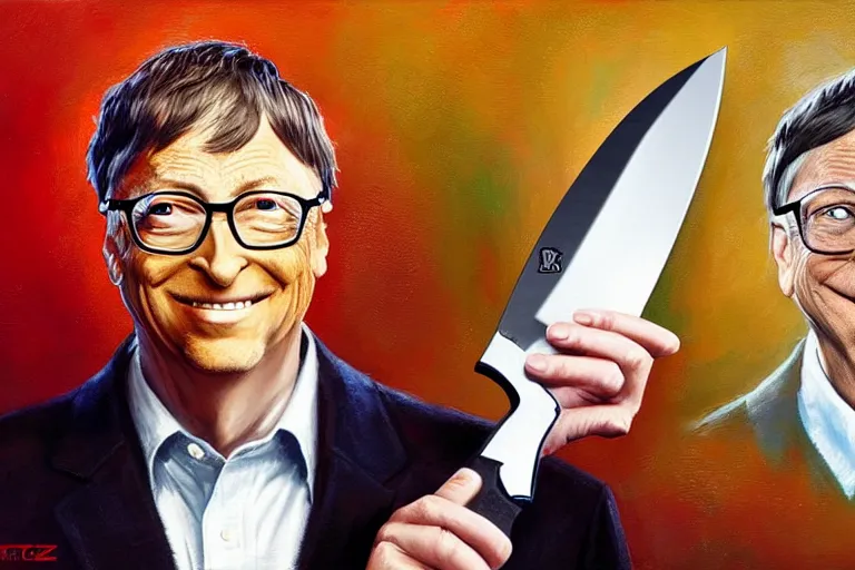 Image similar to portrait of bill gates with a knife as the zodiac killer bloodied, an oil painting by ross tran and thomas kincade