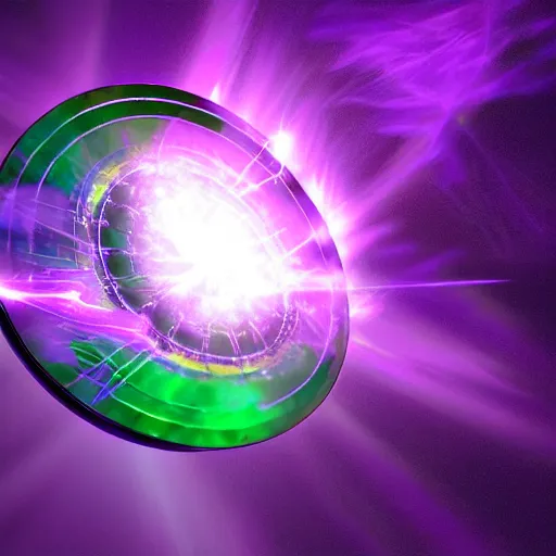 Prompt: a purple shield emanating a mysterious purple glow, purple energy, ability image, dark background, digital art, strong contrasts