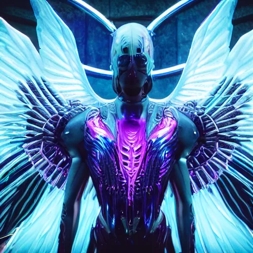 Prompt: a photo of 8 k ultra realistic archangel with 6 wings, full body, intricate purple and blue neon armor, ornate, cinematic lighting, trending on artstation, 4 k, hyperrealistic, focused, high details, unreal engine 5, cinematic