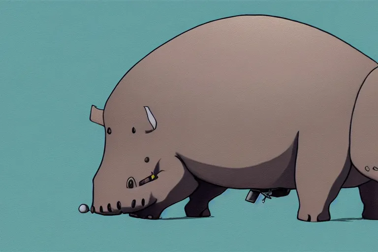 Image similar to a study of a cell shaded cartoon of a grey mechanical hippo from howl's moving castle ( 2 0 0 4 ), in an african river, full body, wide shot, very muted colors, post grunge, studio ghibli, highly detailed, deviantart, art by artgem