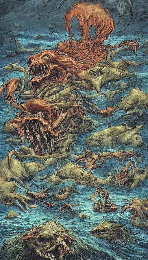 Image similar to man on boat crossing a body of water in hell with creatures in the water, sea of souls, by ed roth