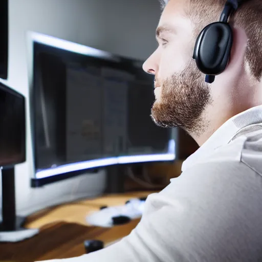 Prompt: macro photo a white guy named nathan, sitting in his bedroom with a white gamer chair. headphones on watching a bright monitor in dark room, 1 6 0 0's