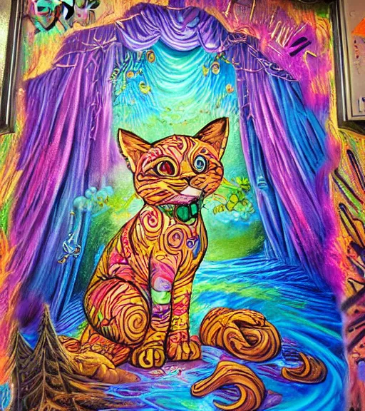 Prompt: pyrography, spray painted graffiti, perspective chalk art pastiche by Lisa Frank, Josephine Wall and Dan Mumford