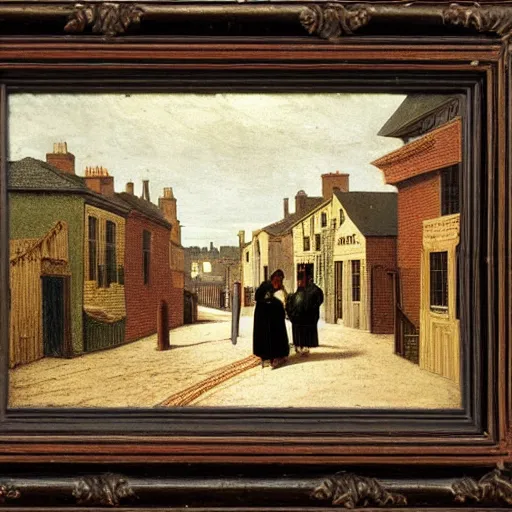 Prompt: a Victorian street in 1840, Morris Mini, by Caravaggio