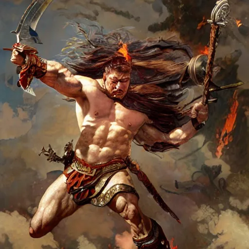 Image similar to muscular male barbarian charging into battle, intricate details, large sword, smoke and fire, by Stanley Artgerm Lau, by greg rutkowski, by thomas kindkade, by alphonse mucha, loish, by norman rockwell J.