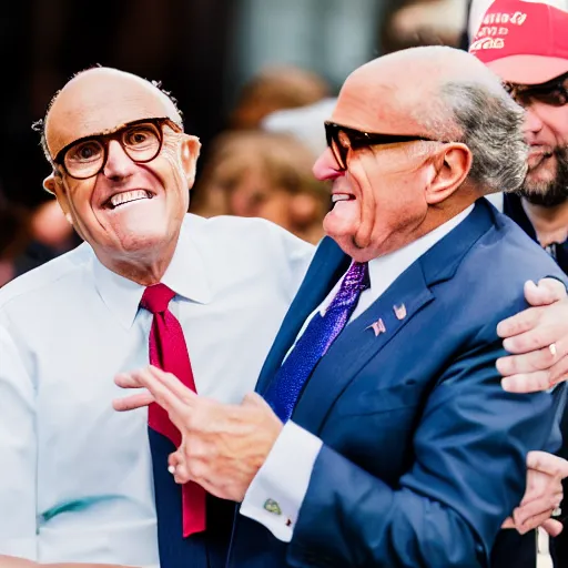 Prompt: donald trump tickling rudy giuliani, canon eos r 3, f / 1. 4, iso 2 0 0, 1 / 1 6 0 s, 8 k, raw, unedited, symmetrical balance, wide angle