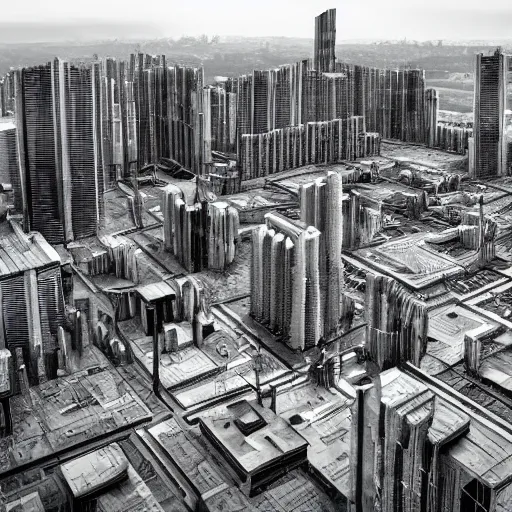 Prompt: cityscape in the bleak future with brutalist architecture viewed from the side