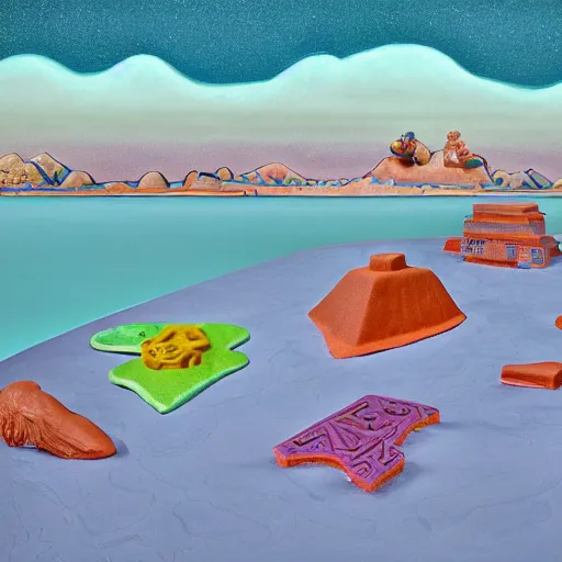 Image similar to play - doh, mayan by rafael zabaleta, by eddie mendoza defined, romantic. a photograph of a group of flying islands, each with its own unique landscape, floating in the night sky. the islands are connected by a network of bridges. a small group of people can be seen walking along one of the bridges.