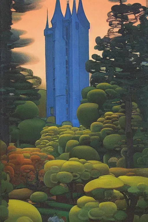 Image similar to view of the mysterious blue tower in its gardens after a storm, tall windows lit up, beautiful ornamental architecture, dramatic cinematic lighting, rich colors, by Nicholas Roerich and William Dyce and Ludwig Deutsch and April Gornik and Sylvain Sarrailh