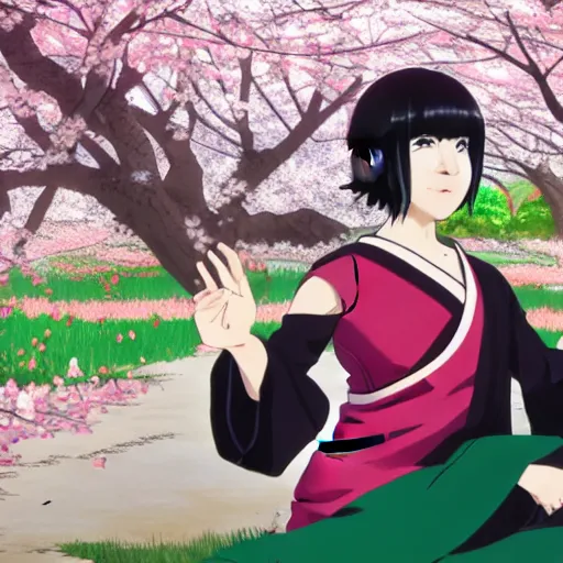 Prompt: anime key visual of a woman with short green hair wearing a black saree meditating near a japanese spring surrounded by cherry blossom trees by ilya kuvshinov and satoshi kon