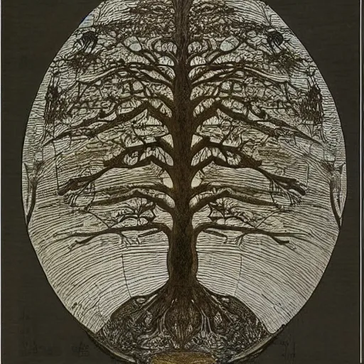 Image similar to leonardo da vinci color intricate full page scan artistic drawing of the world tree, on paper, black ball pen style, :: ultra-detailed technical precision :: mixed media with white and silver lines, realistic composition, point of interest at golden ratio, light from right, more darkness on the bottom, monumentally art composition, high quality of sketching with subtle hairlines, highly detailed rounded forms, inside out and outside in, octane render