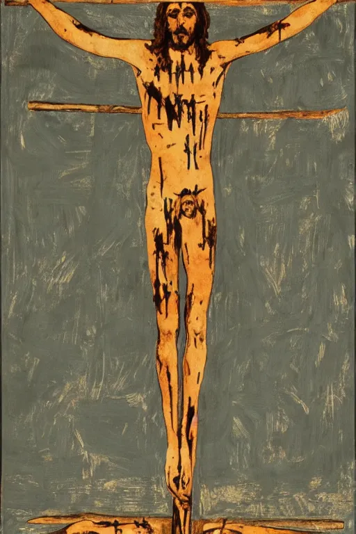 Image similar to bloody christ crucified on a very big mushroom painted in by cy twombly and andy warhol