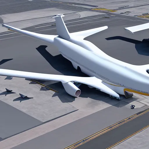 Image similar to the successor to the an - 2 2 5, the an - 3 0 0, the biggest plane ever created, standing on an airport, concept, hyper realistic, ue 5, octane render, realistic lighting