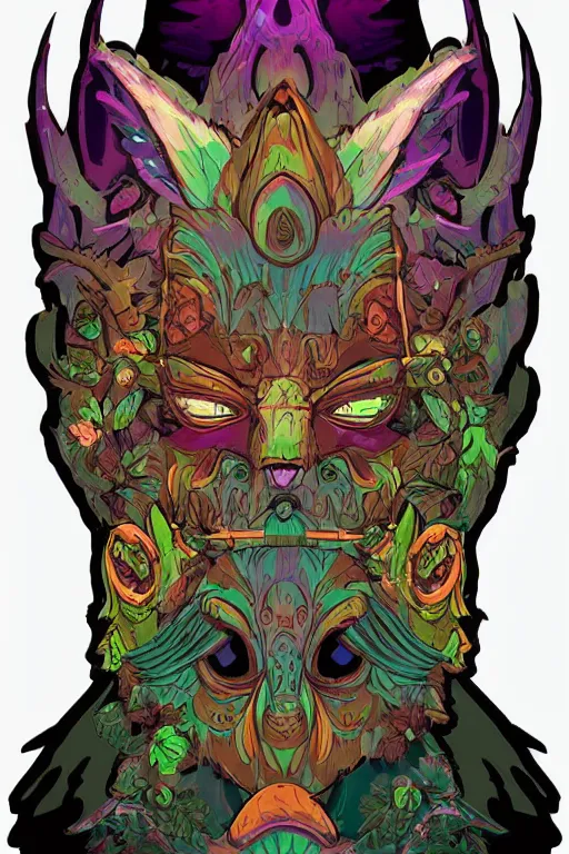 Image similar to animal mask totem roots flower tribal feather gemstone plant wood rock shaman vodoo video game vector cutout illustration vivid multicolor borderlands comics by josan gonzales and dan mumford radiating a glowing aura