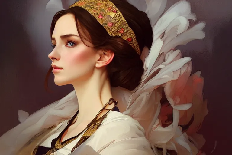 Image similar to Sensual beautiful perfect Polish woman in Polish traditional dress, portrait, elegant, intricate, digital painting, artstation, concept art, smooth, sharp focus, illustration, art by artgerm and greg rutkowski and alphonse mucha