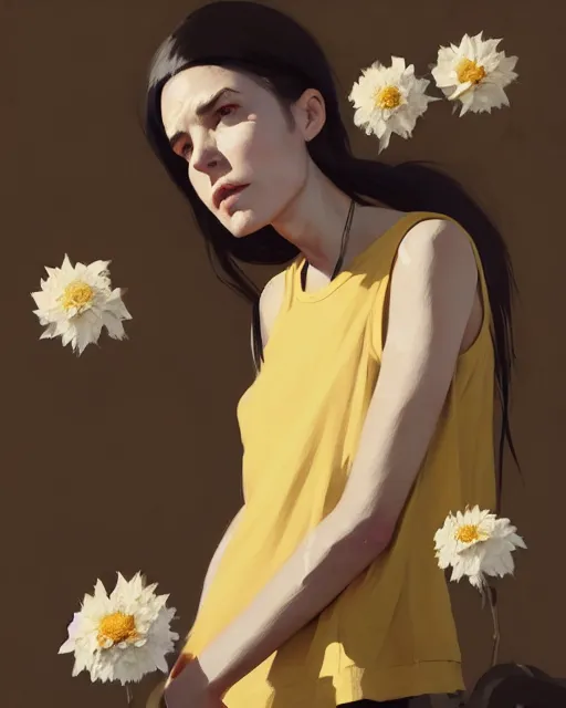 Prompt: cottagecore hyper - realistic portrait of a woman in black sleeveless t - shirt, flowers, by atey ghailan, by greg rutkowski, by greg tocchini, by james gilleard, by joe fenton, by kaethe butcher, dynamic lighting, gradient light yellow, brown, blonde cream and white color scheme, grunge aesthetic