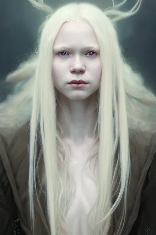 Image similar to Close-up portrait of young albino girl, long blonde hair, dark fantasy, portrait, highly detailed, digital painting, artstation, concept art, sharp focus, illustration, art by artgerm and greg rutkowski and alphonse mucha