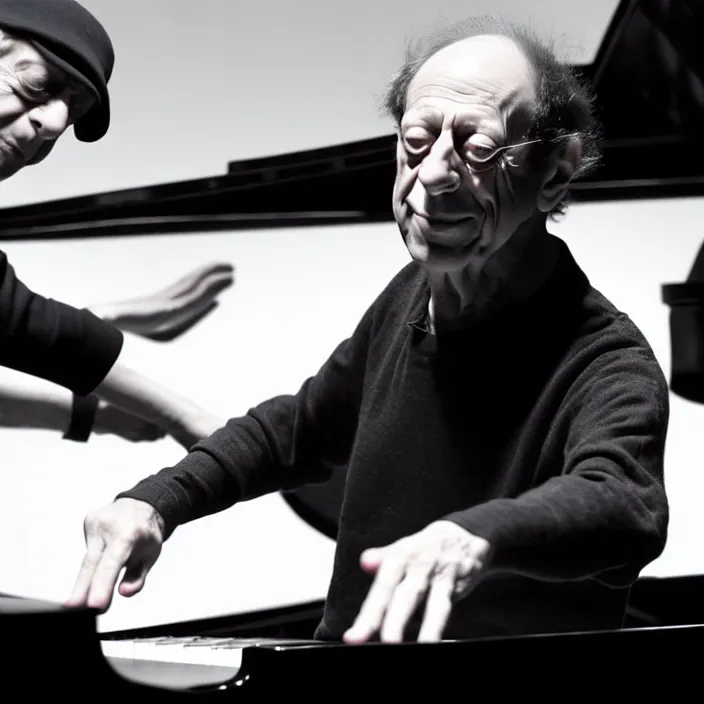 Prompt: steve reich throws a piano at philip glass, cinematic, epic
