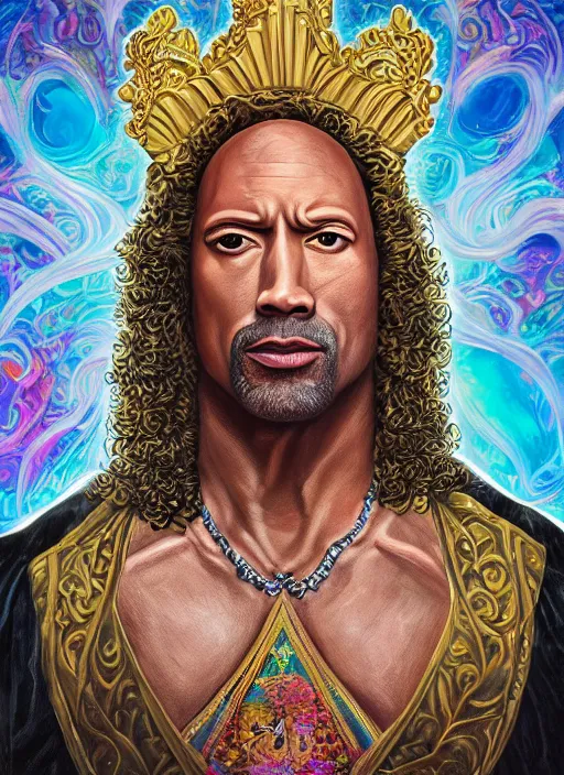 Image similar to beautiful oil painting, portrait of Dwayne the rock Johnson as Louis xiv in coronation robes 1701, Dan Mumford, Dan Mumford, Alex grey, Alex grey, lsd visuals, dmt fractal patterns, entheogen, psychedelic, hallucinogen, highly detailed, ornate, vaporwave