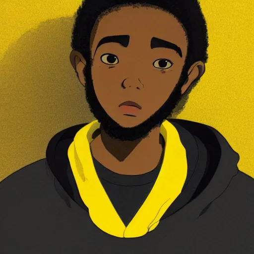 Image similar to portrait of black man wearing a yellow hoodie studio ghibli, fantasy, medium shot, asymmetrical, intricate, elegant, matte painting, illustration,
