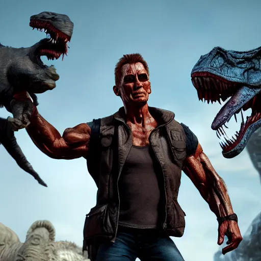 Image similar to a hyper real comic book style portait painting of the terminator in the stone age with dinosaurs, unreal 5, hyperrealistic, octane render, cosplay, rpg portrait, dynamic lighting