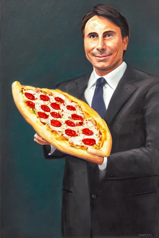 Prompt: oil painting, portrait of giuseppe conte, prime minister, holding a pizza, italian flag, futurist style