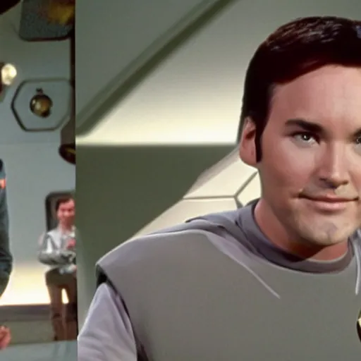 Image similar to Wesley Crusher (played by Wil Wheaton) from the USS Enterprise playing 3d chess with a vulcan, wearing slim clothes, handsome face,film still, grain, star trek series, TNG