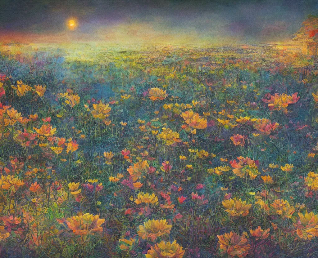 Prompt: a landscape pastel in the style of noriyoshi ohrai of a field of lotus flowers, glowing with iridescent mana, night time early dawn. key art. 4 k retrofuturistic fantasy