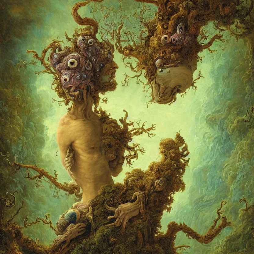 Prompt: a close - up rococo portrait of an blue alien elf - like creature with whimsical features standing in moss, mushrooms, and swamp. night time. rich colors, high contast. gloomy, highly detailed 1 8 th century sci - fi fantasy masterpiece painting by jean - honore fragonard, moebius, and johfra bosschart. artstation