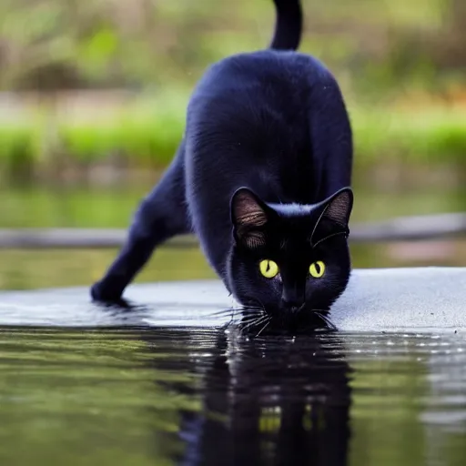 Prompt: a black cat drinking from a River