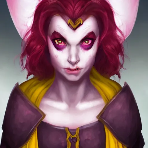 Image similar to a portrait of a cute tiefling girl with a scar along her face, red hair, skin colour purple, horns from her head, yellow eyes, cleric, dnd art, fantasy, digital art, high quality.