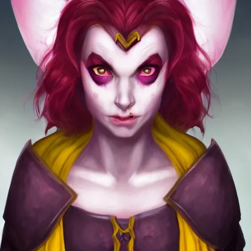 Prompt: a portrait of a cute tiefling girl with a scar along her face, red hair, skin colour purple, horns from her head, yellow eyes, cleric, dnd art, fantasy, digital art, high quality.