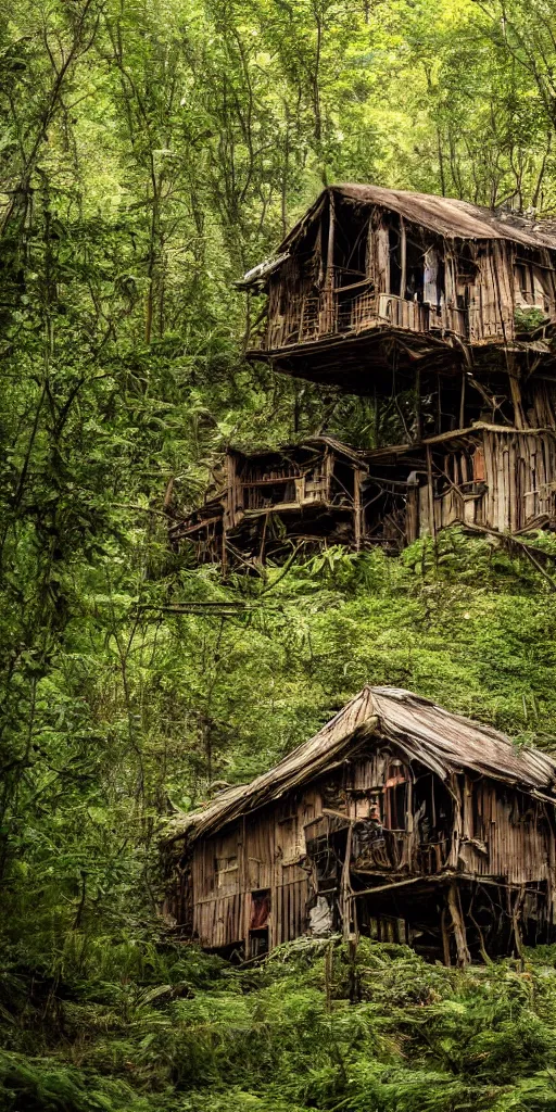 Prompt: a cinematic movie shot of a multi-story ramshackle hut in the magical forest