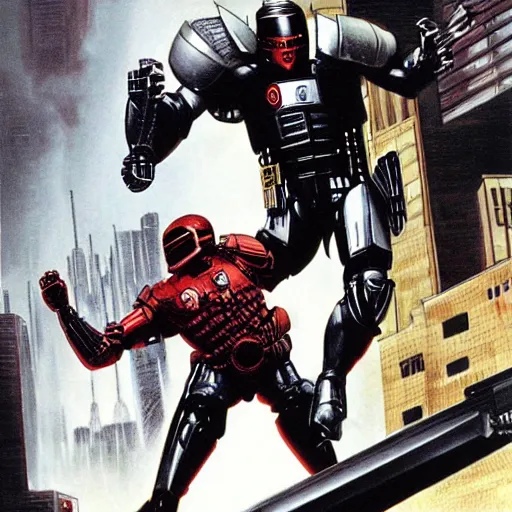 Prompt: robocop fighting judge dredd, epic fight scene, by alex ross