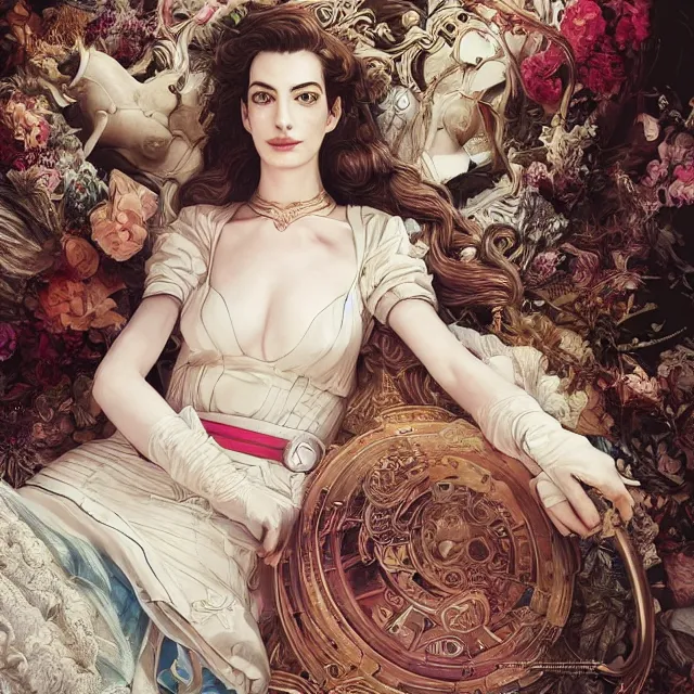 Prompt: the portrait of the lawful good alignment personified as anne hathaway, absurdly beautiful, graceful, elegant, sophisticated, young woman, an ultrafine hyperdetailed illustration by kim jung gi, irakli nadar, intricate linework, bright colors, octopath traveler, final fantasy, unreal engine 5 highly rendered, global illumination, radiant light, detailed and intricate environment