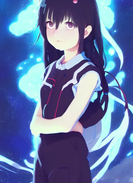 Image similar to portrait of a very cute girl with crazy eyes big, very cooldere anime space background illustration concept art anime key visual trending pixiv fanbox by wlop and greg rutkowski and makoto shinkai and studio ghibli and kyoto animation