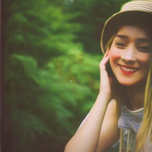 Image similar to a young woman is posing for a picture, a polaroid photo, petzval lens. featured on flickr, art photography, photo taken with provia, photo taken with ektachrome