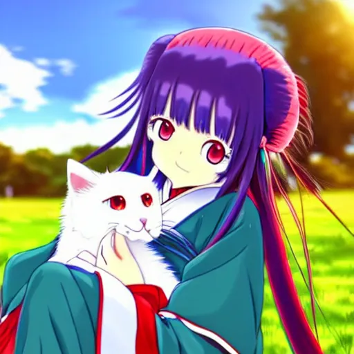 Prompt: A cute little anime girl with long blue hair, wearing a red shrine maiden uniform, in a large grassy green field, petting a cat, golden hour, detailed purple anime eyes