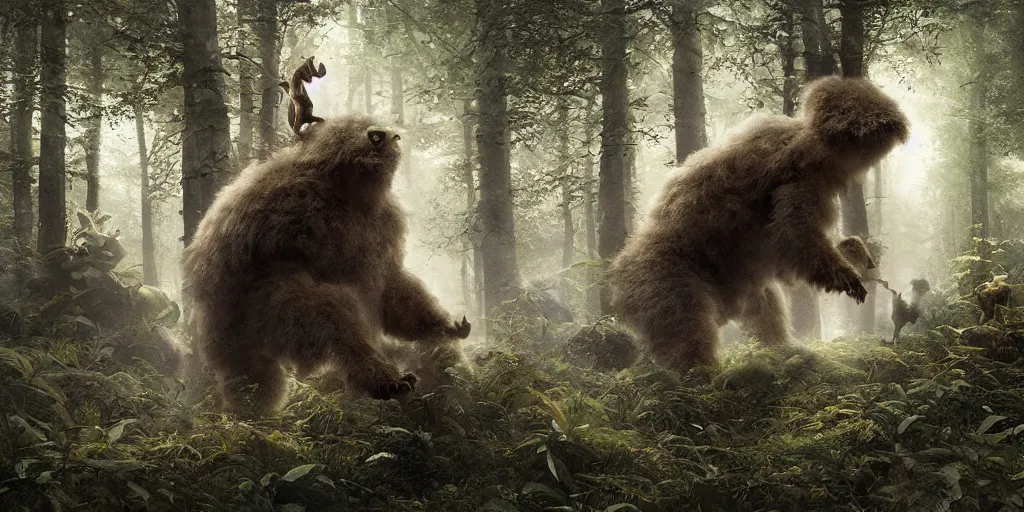 Prompt: an astronaut comes a across a strange creature, a furry animal with six legs covered in thick fur, in a forest, a detailed matte painting by frieke janssens, featured on cgsociety, fantasy art, matte painting, reimagined by industrial light and magic, matte drawing