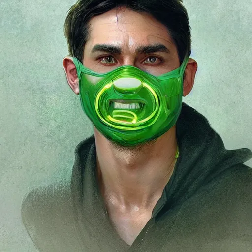 Image similar to a falling man with a big round neon green smile face mask, artists portrait, backyard, fantasy, highly detailed, digital painting, concept art, sharp focus, depth of field blur, illustration, art by artgerm and greg rutkowski and alphonse mucha