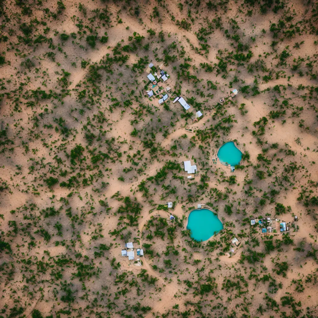 Image similar to aerial view of futuristic commune in the australian outback, parks, recreation, village, high technology, biomimetic, urban planning, XF IQ4, 150MP, 50mm, F1.4, ISO 200, 1/160s, natural light